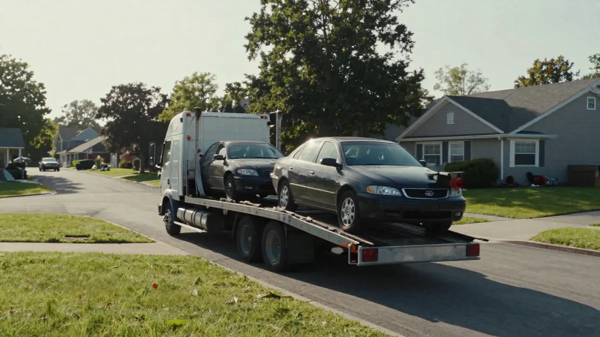 Car being delivered door to door to a suburban driveway from an open carrier truck in morning light