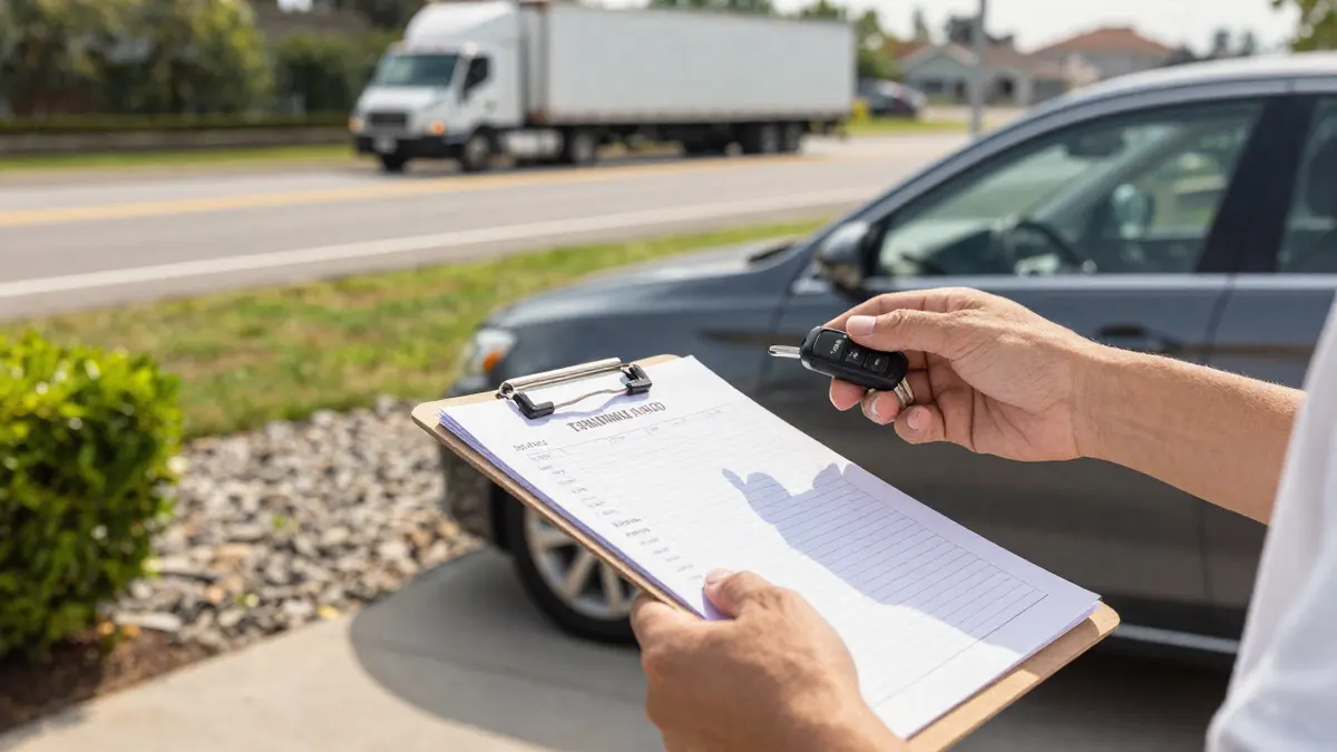 Hands holding car keys and a checklist beside a parked sedan, preparing a vehicle before car shipping